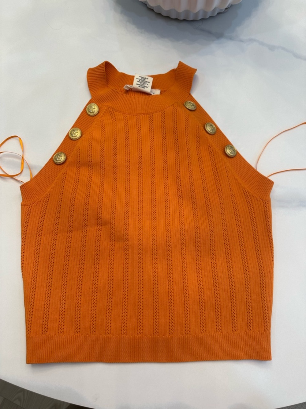 Sleeveless Knit Tank with Gold Button Detail - Orange